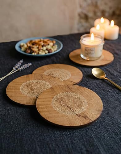 Image of Round Wooden Trivet,Place Mate Set of 4 (20cm) |Bamboo Table Mats with Engraved Design | Heat Resistant Hot Pot Stand| Dining Table Protector | Wooden Coaster for Kitchen & Cookware (20x20 cm)