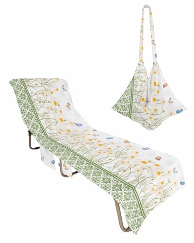 Daisy Floral Beach Chair Towel Covers for Chaise Lounge with Side Pocket, Soft Plush Pool Towels Cover for Patio Sunbathing Outdoor 29''x85'' Botanical Watercolor Green Spring Summer