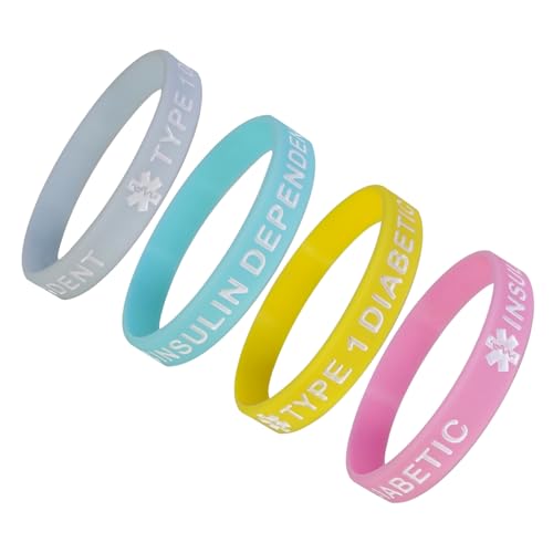 TYPE 1 DIABETIC INSULIN DEPENDENT Medical Alert ID Silicone Bracelet Wristbands Pastels 4 Pack3