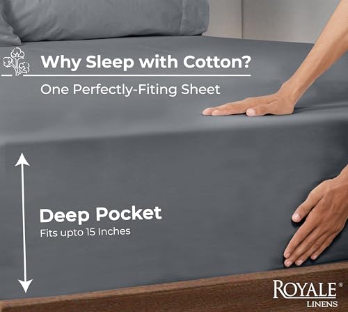 Image of Royale Linens 100% Organic Cotton Fitted Sheet - Percale Weave - Super Soft Deep Pocket Bottom Sheets - Grey Elastic Sheet Full Size - Full Fitted Sheets Only - (54 inchx75 inch+15 inch, Grey)