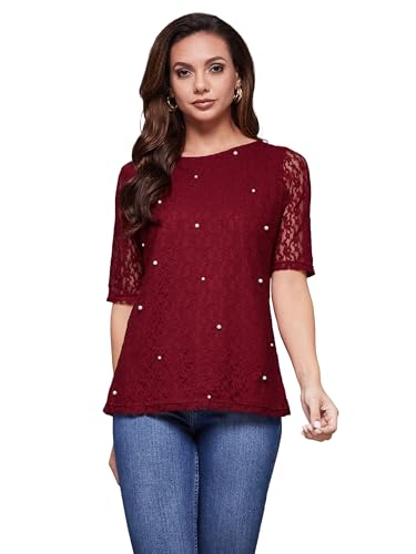 Image of Miss Chase Women's Round Neck Half Sleeves Cotton Lace and Pearl Detailing