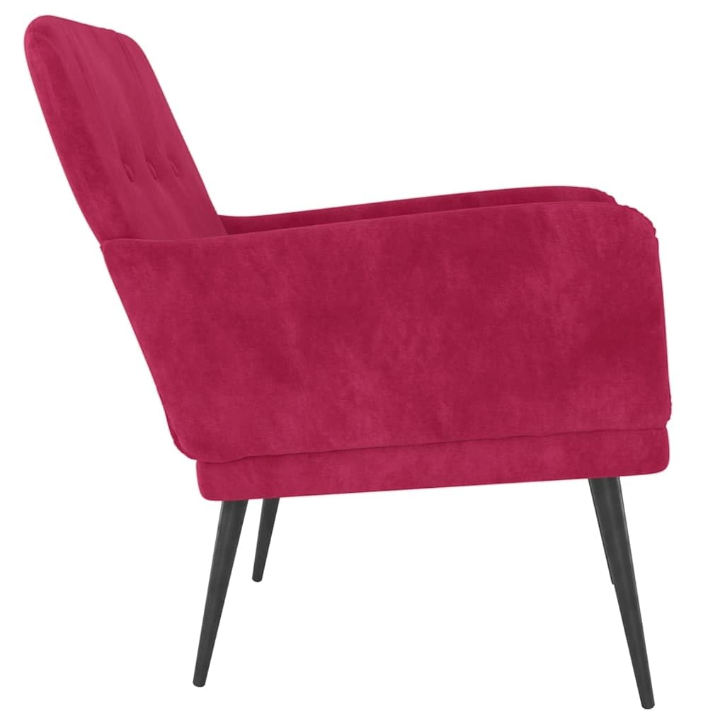 Poltrona imbottita con braccioli in tessuto di velluto rosso vinaccia, comoda poltrona con schienale e struttura in metallo per relax e comfort