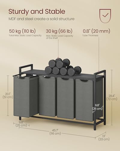 Image of VASAGLE Laundry Hamper, Laundry Basket, Laundry Sorter with 4 Pull-Out and Removable Bags, Shelf, Metal Frame, 4 x 10.6 Gallons (40 L), 45.7 x 13 x 28.4 Inches, Slate Gray and Charcoal Gray UBLH401G01