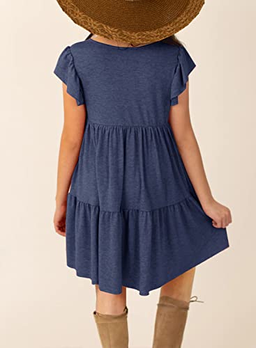 Hosika Toddler Girls Swing Dress Round Neck Solid Color Flutter Sleeve Cute Boho Sundress Ruffle Midi Dress For 8 Years Kids Navy Blue #TOP4