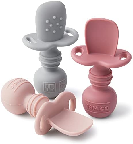 SAMiGO Silicone Baby Spoons Self Feeding 6+ Months - Infant Toddler Utensils - First Stage Baby Led Weaning Feeding Supplies - Set of 3 Pack