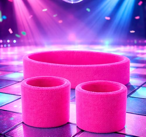 Foto von 3 in 1 Schweißband pink Set mit Stirnband - als Accessoire Vokuhila Kostüm zu Retro neon 80er 90er Outfit Fasching & Karneval