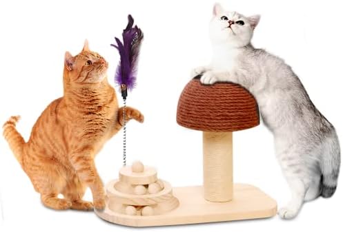 Paw Paw Babe 3 in 1 Cat Scratch Post - Wooden Base, Mushroom Sisal Post, Feather Stick - Cats Interactive Track Ball Toy - Cat Scratcher Toys for Indoor Fun