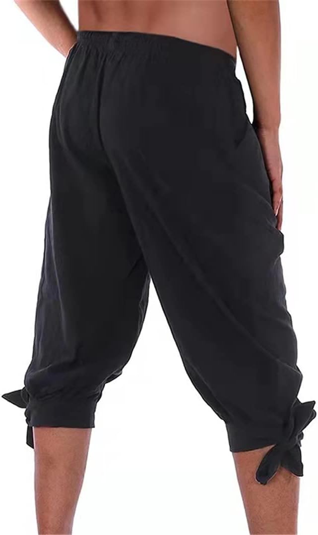 Mens Renaissance Pirate Pants Medieval Lace Up Knicker Gothic Pants Knee Length Cotton Linen Shorts Halloween Costume