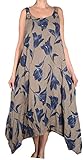  Grisodonna Style Damen lang Leinen Sommer zipfel Maxi Kleid Tunika 38 40 42 44 M L XL Beige Tulpen Blumen Print Strand Urlaub Lagenlook zu Bolero Jacke (42)