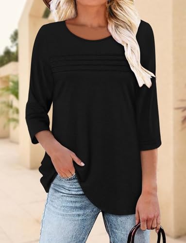 KISSMODA Women's Casual 3/4 Sleeve T-Shirts Round Neck Cute Tunic Tops Basic/Pleated Summer Tops Trendy Spring Blouses