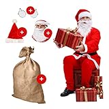 Nikolaus Kostüm im Set in Premium Qualität | 5-teilig | 1x Anzug, 1x Mütze, 1x Bart, 1x Brille und 1x Geschenksack | Weihnachtsmann Mantel universalgröße für Erwachsene | Santa Claus Verkleidung