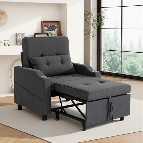 Image of Convertible Sleeper Chair, 5-in-1 Pull Out Chair Bed with Adjustable Backrest for Adults, Single Sofa Bed with USB Ports,Side Pocket,Cup Holder for Living Room,Dark Gray