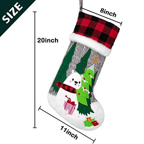 Set Of 6 Christmas Stockings Gray Burlap Buffalo Red Plaid Soft Faux Fur 20 Inches Lovely Embroidery Pattern For Family Decorations Hanging Ornament For Xmas Holiday Party #TOP5