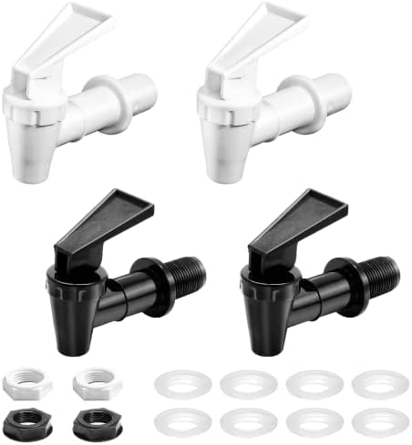 Lanzeuta 4 Sets BPA-Free Replacement Cooler Faucet, White & Black Water Dispenser Tap Set, Reusable Plastic Spigot Spout Water Beverage Lever Pour Dispenser Valve Water Crock Tap
