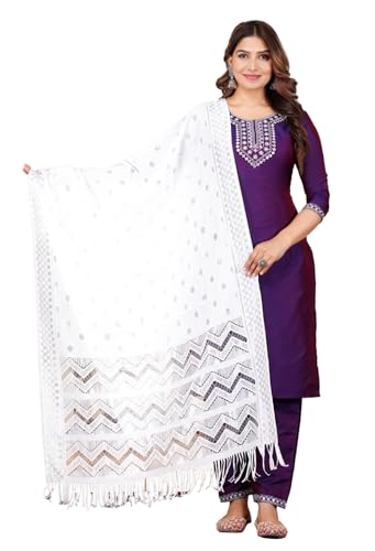 Image of Women's Silk Embroidered Kurta with Pant and Dupatta Set, Straight Style