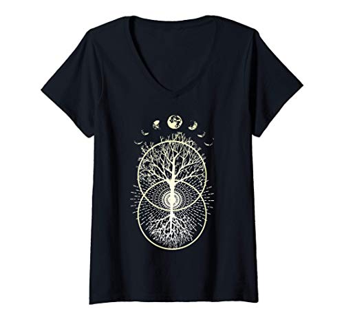 Mujer Fases de los círculos del árbol de la vida lunar Camiseta Cuello V Cover