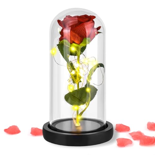 ATOMUS Flor artificial rosa, lâmpada de flor rosa em cúpula de vidro com luz de LED, flores de rosas eternas, presente para mulheres, mãe, esposa, amante, filha, casamento, aniversário de aniversário