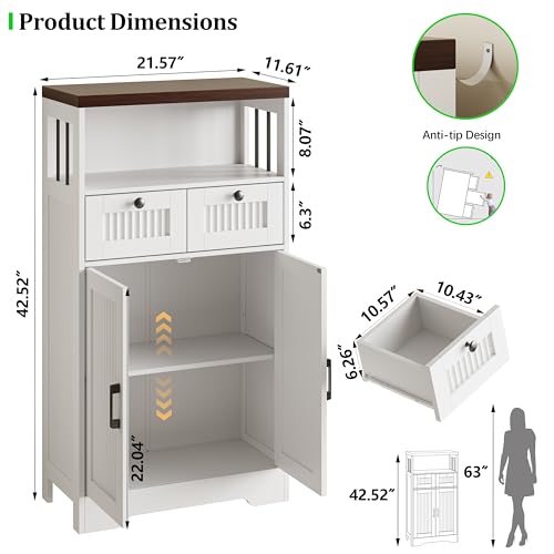 Image of Fluted Storage Cabinet with Doors, Kitchen Pantry Storage Cabinet with Adjustable Shelf, Freestanding Wood Cupboard for Living Room, Bathroom, Laundry Room, White