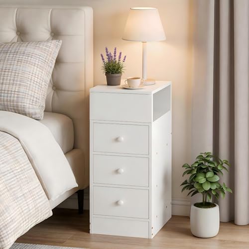 Homullel 25cm Narrow Bedside Cabinet 3 Drawers Slim Bedside Table Small Nightstand Bed Side Table for Bedroom Living Room (3 Drawers White)