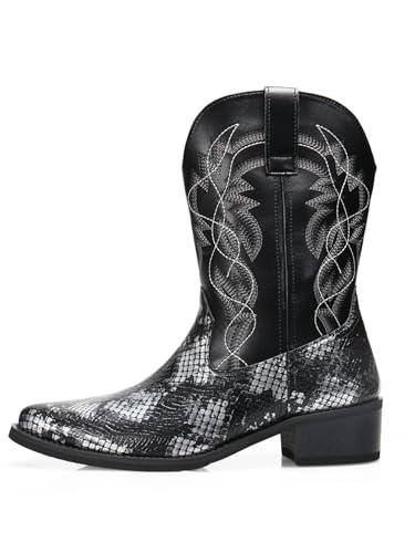 Image of Men's cowboy boots round toe boots embroidered with traditional Western country artificial snakeskin pattern