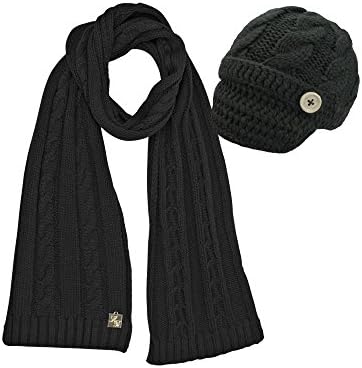 Black Cable Knit Newsboy Cabbie Hat & Scarf Matching Set Apparel