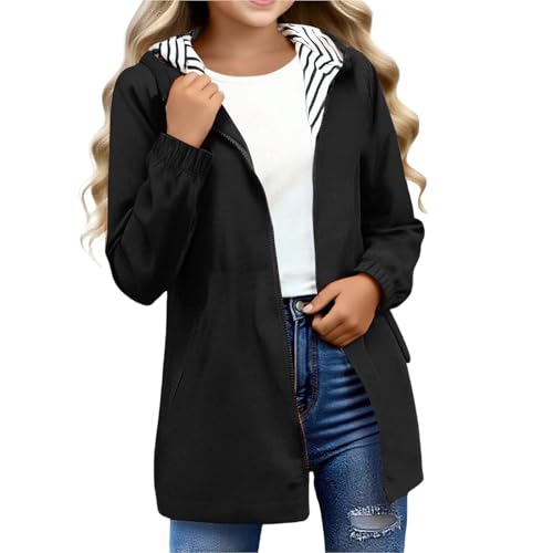 duxyoz Boys Girls Rain Jacket - Waterproof Lightweight Raincoat for Kids,Packable,Water-Resistant,Windproof,Hooded,Long Raincoats Windbreaker Trench Coat Black 15-16 Years