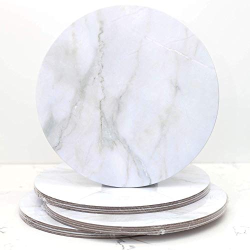 LACUPELLA Cake Boards Marble 10 inch Diameter Pack of 4, Round Baseboard Food Grade for Cake Presentation - Printed Board with Greaseproof Coating (White Marble)
