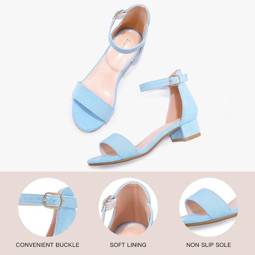 Image of Dufannie Girls Sandals Low Heels Dress Pump Ankle Strap Open Toe Flower Girl Wedding Party for Toddler Little Big Kid