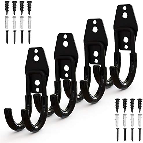 NinBase Steel Garage Storage Utility Double Hooks, Heavy Duty Hangers Wall Mount Holder Garage Organizer for Power Tools, Bikes, Ladders, Ropes, Hoses, Bulk Items Storage (Pack of 4) (4 Pack J Hook)