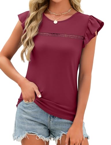JUSTFASHIONNOW Womens Ruffle Short Sleeve Tops Cute Red Summer Shirts Dressy Casual Crew Neck Blouses 2026 Fashion Outfits(Wine Red,Medium) — view 5