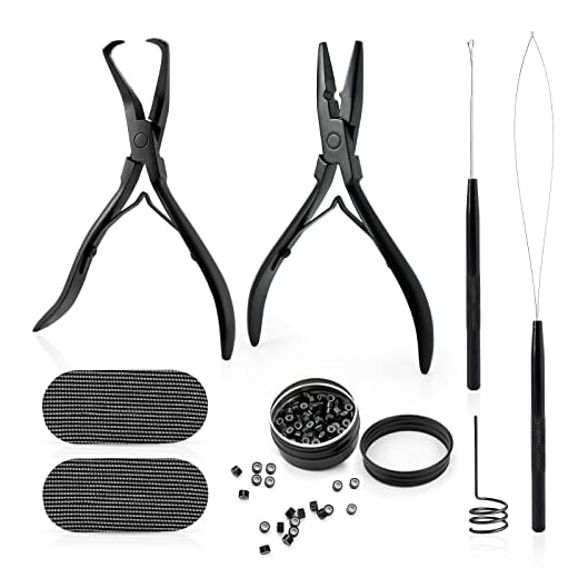 Gomake Microlinks Hair Extensions Kit, Hair Extension Closer and Removal Pliers, Micro Beads Pulling Hook & Microbead Loop Tool, Micro Links Silicone Rings Bead 200PCS(Black)