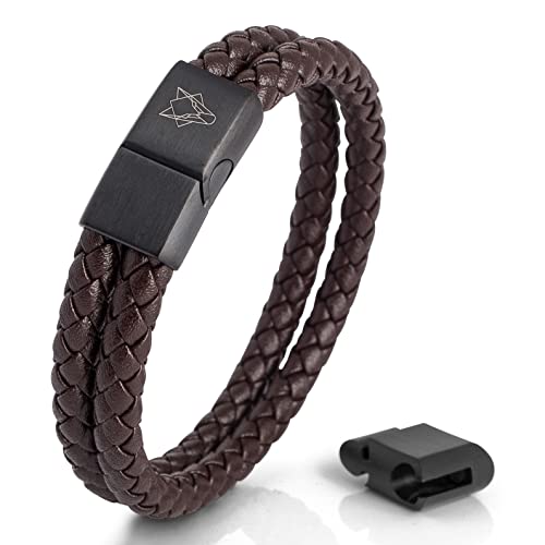 Akitsune Simplicitas Bracelet en Cuir Véritable | Bracelets Magnétiques Haut de Gamme Femmes Hommes Bracelet Tressé Main + Coffret à Bijoux Exclusif - Noir Mat - Brun 22cm Cover