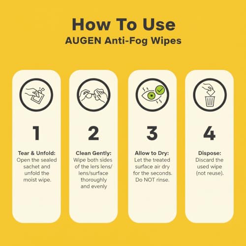 Image of AUGEN Anti-Fog Cleaning Wipes for Glasses, Goggles, Helmet Visors, Camera Lens & Screens | Streak-Free, Quick-Dry, Individually Wrapped Lens Wipes (Pack of 150)