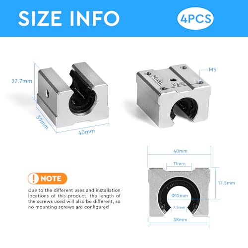 SWAWIS 4 Stück Öffnen Linearkugellager Gleitblock, SBR12UU Aluminiumlegierung Linear Kugellager, 12mm Linearlager Stehlagers für Linearschiene Maschinen Elektronische Geräte CNC