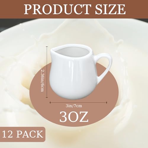 GIWOSK 12 Pack 3 Oz Mini Ceramic Creamer Pitcher, Small Porcelain Syrup Pitcher Coffee Creamer Dispenser with Handle for Milk Sauce Coffee Tea Salad Dressing Cream, White