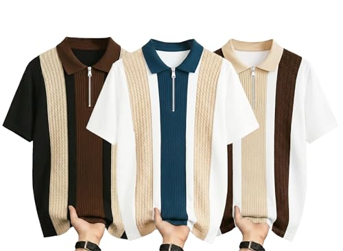 Image of AUSK Men's Retro Cable-Knit Quarter-Zip Polo | Premium Textured Self-Design Half Sleeve T-Shirt for Men