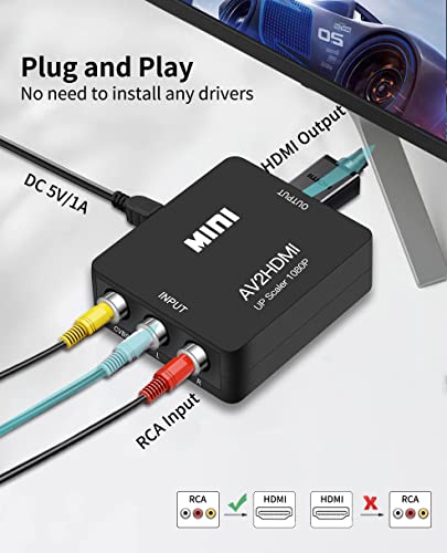 Image of RCA to HDMI Converter, RCA to HDMI Adapter, 1080P Mini RCA Composite CVBS AV to HDMI Video Audio Converter Adapter Support PAL /NTSC for N64 Wii PS2 PS3 Xbox VHS