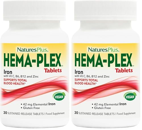Image of NaturesPlus Hema Plex Iron Complex - Gentle Iron Supplement with Vitamin C, Methyl B12, Folate - Blood Health, Immune Support, Energy - Vegan, Gluten Free - 30 Tablets (Pack of 2)