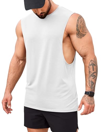 COOFANDY Men's Gym Tank Tops Bodybuilding Muscle Vest Workout Summer Fitness Sleeveless T Shirt White L