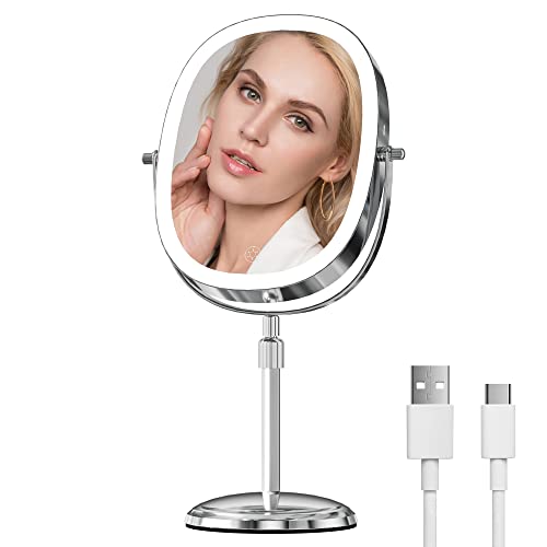 Touchfeel Lighted Vanity Makeup Mirror, 1X/7X Desk Magnification Mirror With 3 Color Lights, Double Sided Dimmable Led Tabletop Mirror With Rechargeable And Brightness Adjustable #TOP11