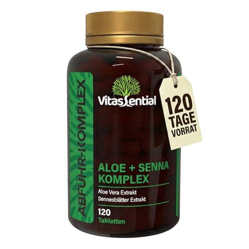 Vitassential Aloe + Senna Komplex - Natürliches Abführmittel schnell wirkend & stark - Stuhlweichmacher bei Verstopfung Darmreinigung & Stoffwechsel für Erwachsene - 120 Tabletten