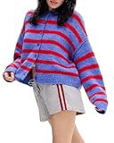 SANSIWU Women's Classic Striped Cardigan Sweaters Long Sleeve Button Down Knitted Coat Y2K Color Block Cropped Knit Cardigans Outwear Jackets (A-Blue, M)