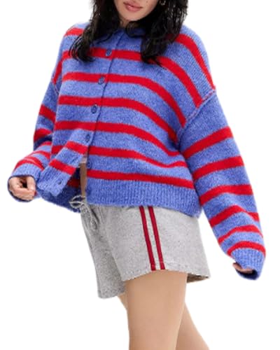 SANSIWU Women's Classic Striped Cardigan Sweaters Long Sleeve Button Down Knitted Coat Y2K Color Block Cropped Knit Cardigans Outwear Jackets (A-Blue, M)