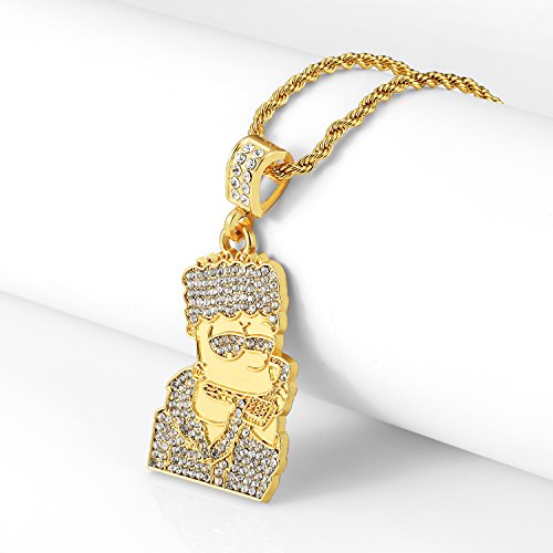 Putouzip Men's Bart Chain Necklace 18K Gold Plated Cz Fully Iced Out Cartoon 316L Stainless Steel Pendant(Gold) #TOP2