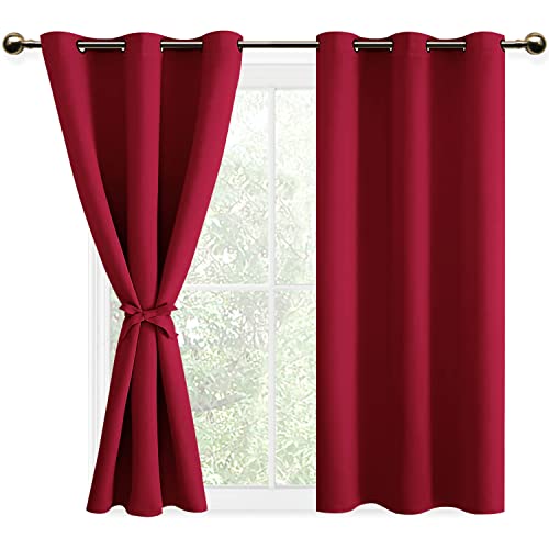 DWCN Red Blackout Curtains with Tiebacks for Bedroom Thermal Insulated Solid Eyelet Curtains for Living Room,2 Panels,46" Wide x 54" Drop
