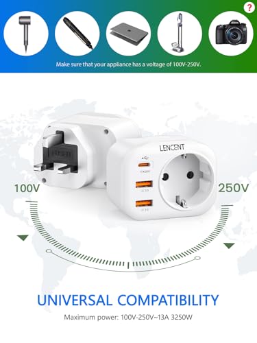 Adaptateur Prise UK LENCENT Type G avec Charge Rapide QC3.0 PD20W pour Voyage Angleterre