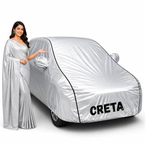 Image of Waterproof Car Body Cover for Creta All Weather Protection Comes with Inner Cotton Lining & Triple Stitched with Mirror & Antenna Pocket Belt & Elastic Fit Metallic Silver with Black Piping1