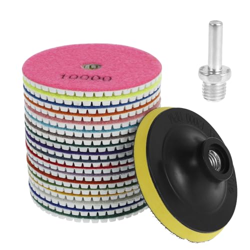 20Pcs Diamond Polishing Pad 4 Inch Easy Install Round Diamond Sanding Pad Reusable Dry Wet Marble Polishing with 5/8 Inch-11 Backer and Drill Bit Adapter 30-10000 Grit for