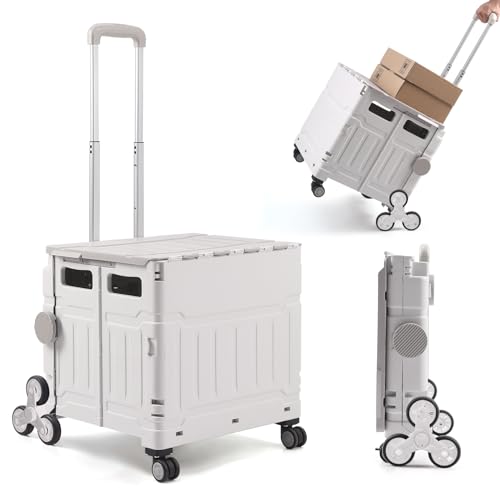 The Fellie Folding Shopping Cart Trolley with Stair Climbing Wheels, 50L & 50KG Collapsible Trolley Box Cart with Aluminium Telescopic Handle, Boot Cart with One-piece Lid for Shopping(White Grey)
