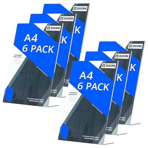 QWORK® Set di 6 Espositori da Tavolo A4 in Acrilico, Porta Trasparenti per Menu, Cartelli, Brochure e Volantini